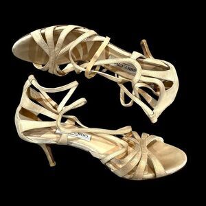 Jimmy Choo Women's Sandals Strappy High Heels Open Toe Buckle Gold Size 37.5
